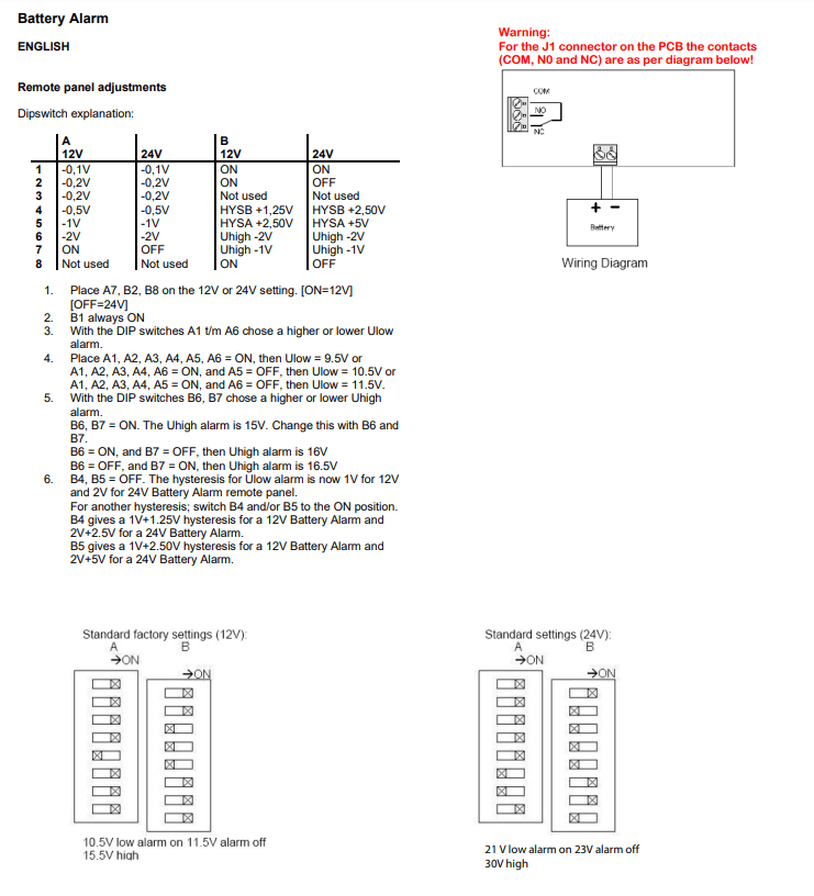 Wiring diagram and DIP switch setting guide for 12V and 24V battery systems