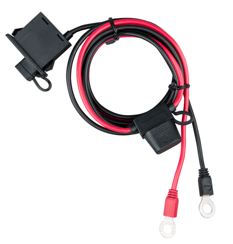 Top-down view of battery indicator panel with coiled 1.5m cable and M8 terminals