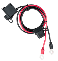 Top-down view of battery indicator panel with coiled 1.5m cable and M8 terminals