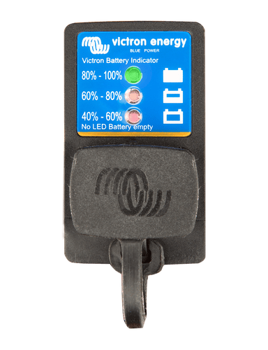 Front view of Victron battery indicator panel with the protective rubber cap closed