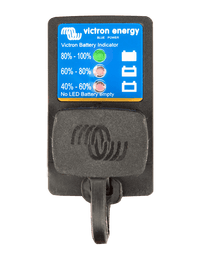 Front view of Victron battery indicator panel with the protective rubber cap closed