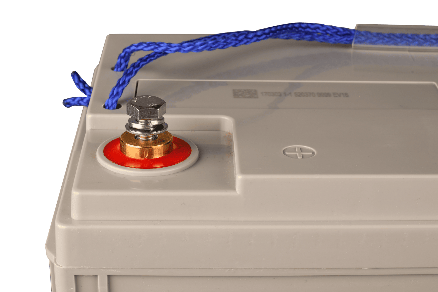 Detail view of M8 threaded battery terminal with positive red indicator