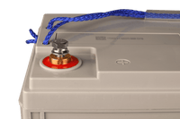 Detail view of M8 threaded battery terminal with positive red indicator