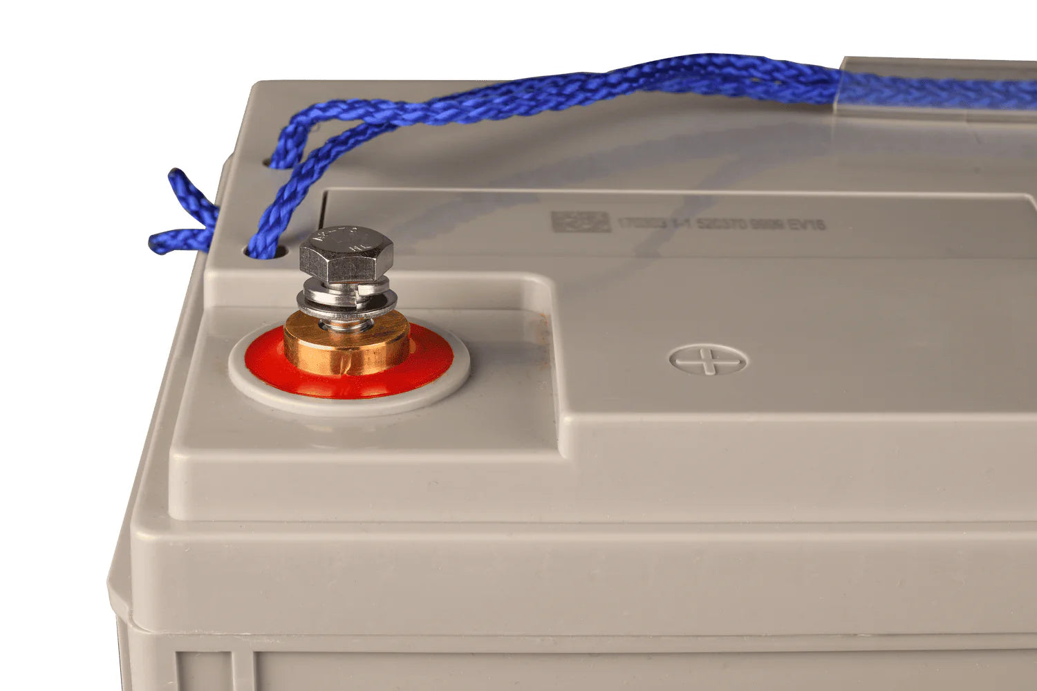 Detail view of M8 threaded battery terminal with positive red indicator