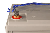 Detail view of M8 threaded battery terminal with positive red indicator