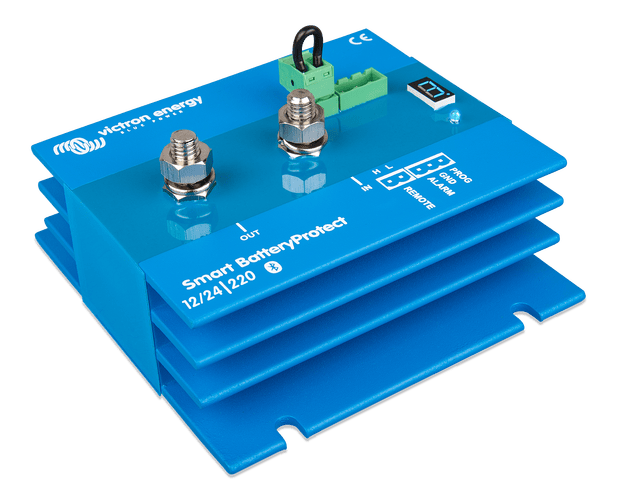 Side perspective of Victron Smart BatteryProtect showing large M8 studs and cooling fin design