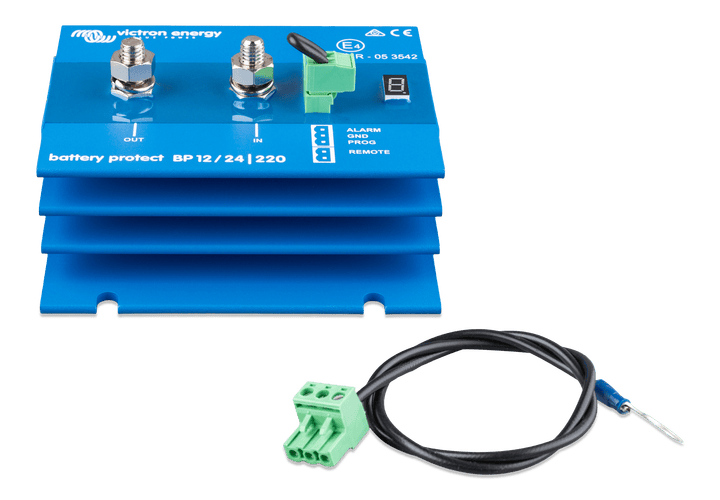 Victron 220A Battery Protect shown with included remote connection terminal and wire