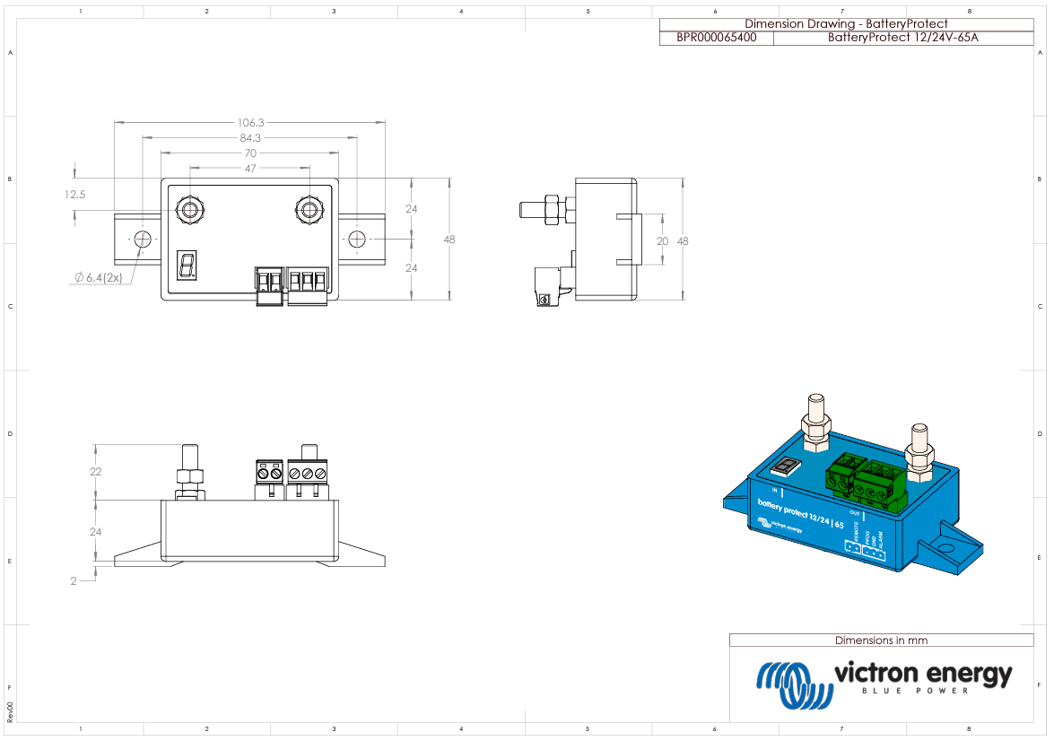 Technical dimension drawing of Battery Protect 65A with measurements in millimetres