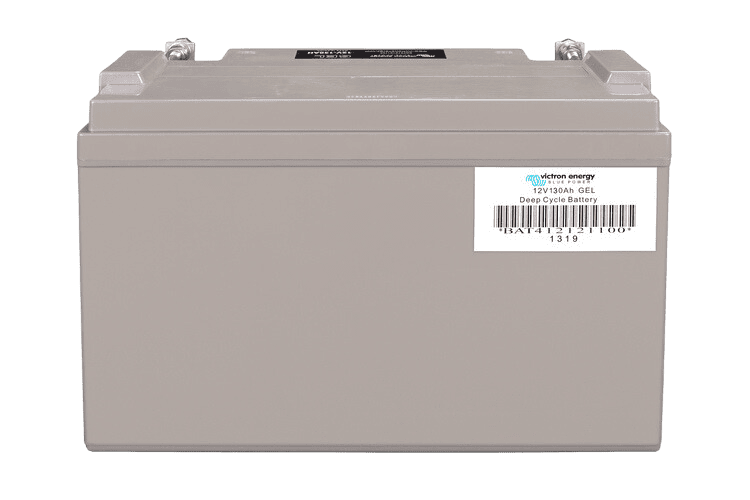 Rear of Victron battery housing showing manufacturer barcode and product label