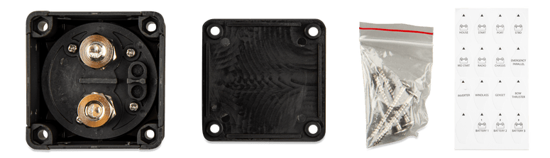 Rear view of battery switch with copper terminals, mounting screws, and labels