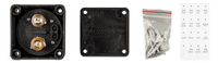 Rear view of battery switch with copper terminals, mounting screws, and labels