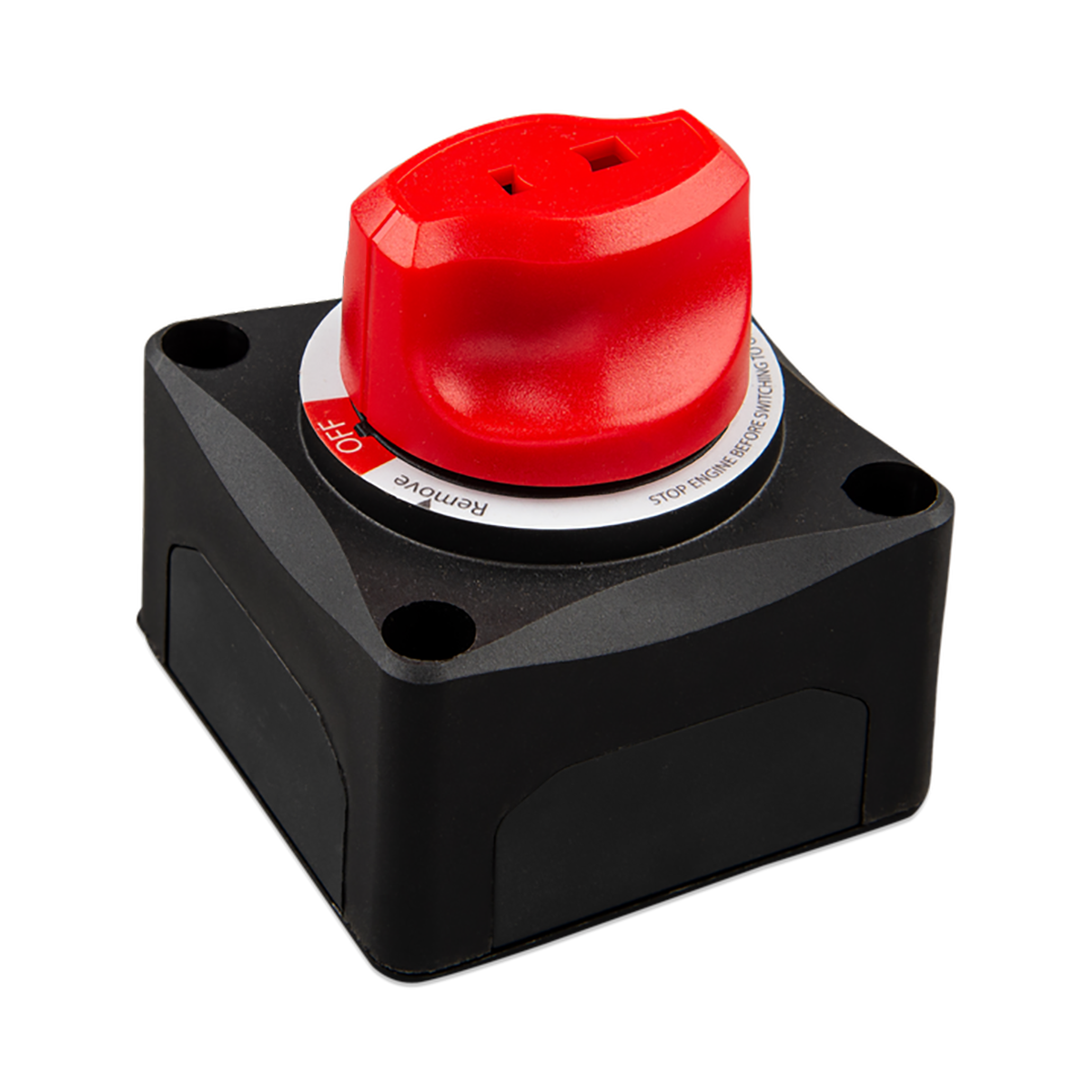 Isometric view of black Victron battery switch housing and red control knob