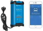 Blue battery charger with AU power plug and smartphone showing Bluetooth app interface