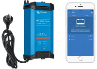 Blue battery charger with AU power plug and smartphone showing Bluetooth app interface
