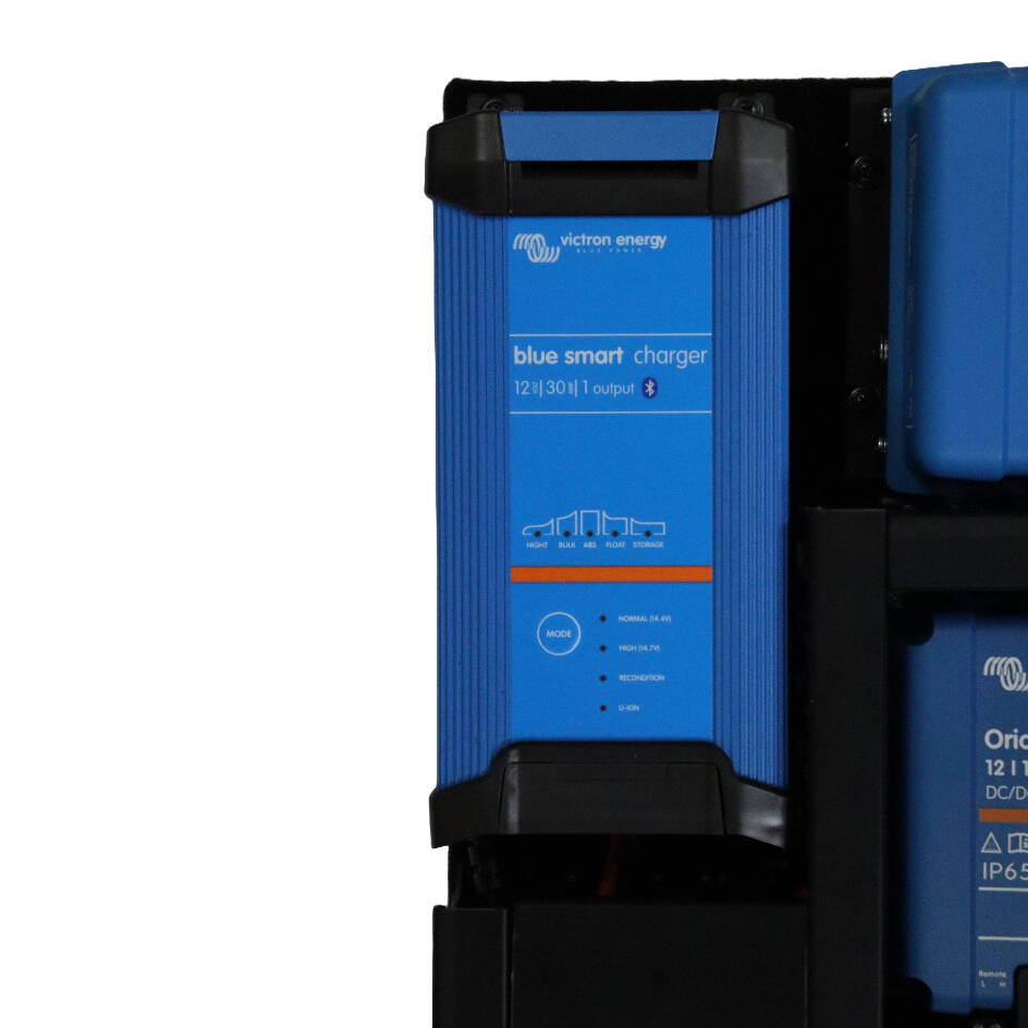 Close-up of Victron Blue Smart IP22 AC Charger 12/30 mounted on board