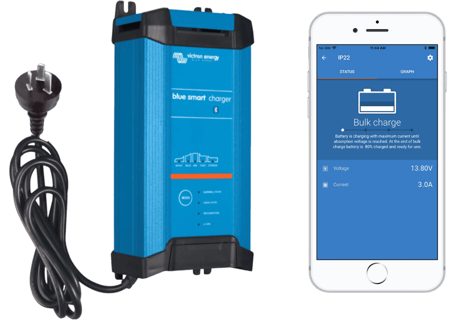 Victron Blue Smart IP22 battery charger shown with smartphone app interface