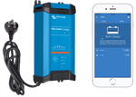 Victron Blue Smart IP22 battery charger with AU/NZ plug and smartphone app monitoring screen