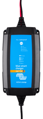 Top-down view of Victron Blue Smart IP65 24V 13A charger interface with LED status indicators