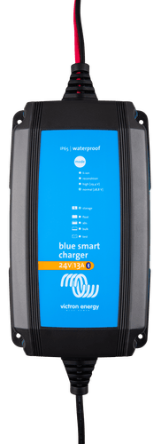 Top-down view of Victron Blue Smart IP65 24V 13A charger interface with LED status indicators