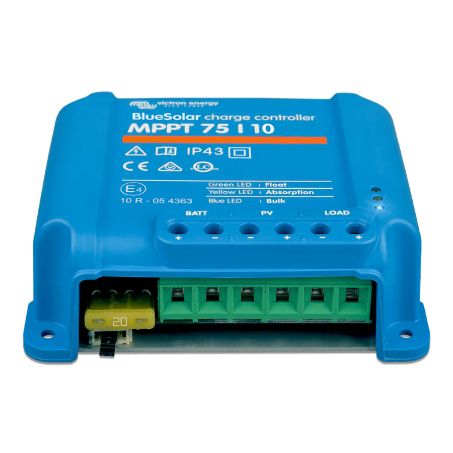 Angled view of BlueSolar charge controller highlighting terminal blocks and internal fuse