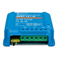 Angled view of BlueSolar charge controller highlighting terminal blocks and internal fuse