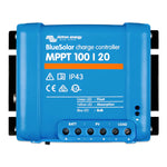 Front view of Victron BlueSolar MPPT 100/20 solar charge controller with LED status indicators and terminal labels