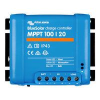 Front view of Victron BlueSolar MPPT 100/20 solar charge controller with LED status indicators and terminal labels
