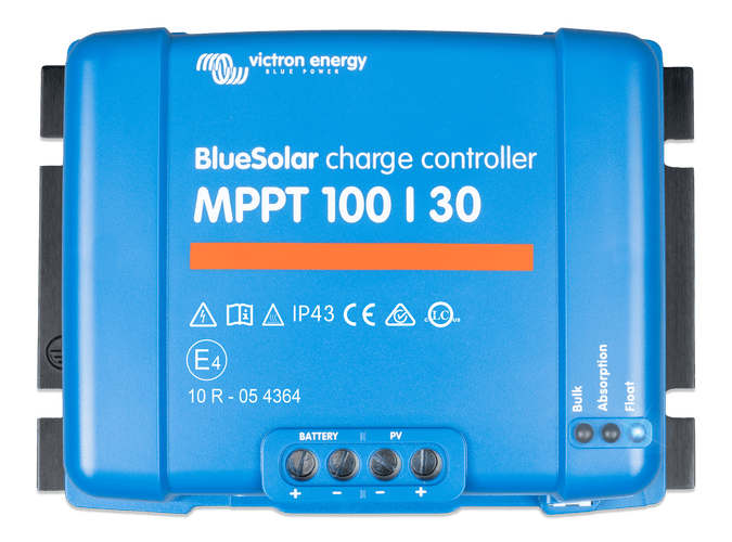 Front view of blue Victron BlueSolar MPPT 100/30 solar charge controller with terminal ports and status LEDs