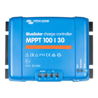 Front view of blue Victron BlueSolar MPPT 100/30 solar charge controller with terminal ports and status LEDs