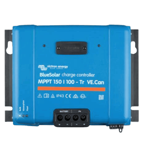 Front view of blue Victron BlueSolar MPPT 150/100 charge controller with terminals and status LEDs