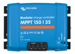 Front view of blue Victron BlueSolar MPPT 150/35 solar controller with status LEDs and power terminals
