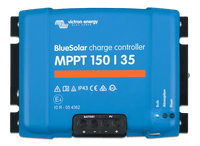 Front view of blue Victron BlueSolar MPPT 150/35 solar controller with status LEDs and power terminals