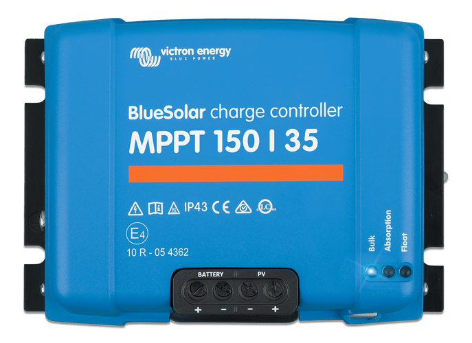 Front view of blue Victron BlueSolar MPPT 150/35 solar controller with status LEDs and power terminals