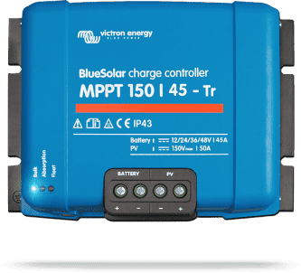Front view of a blue Victron BlueSolar MPPT 150/45-Tr solar charge controller with status LEDs and labels