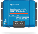 Front view of a blue Victron BlueSolar MPPT 150/45-Tr solar charge controller with status LEDs and labels