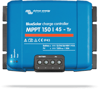 Front view of a blue Victron BlueSolar MPPT 150/45-Tr solar charge controller with status LEDs and labels