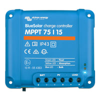 Front view of Victron BlueSolar MPPT 75/15 charge controller showing indicator LEDs and wiring terminals