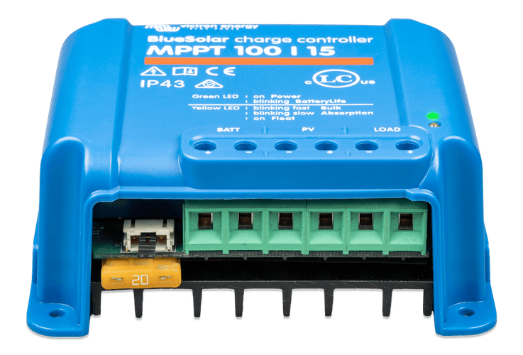 Bottom angled view of the Victron BlueSolar charge controller housing