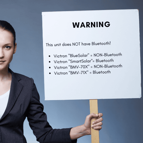 Warning sign held by a person clarifying that BlueSolar models do not have Bluetooth connectivity