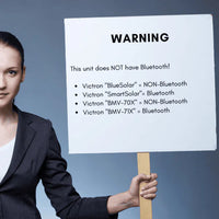 Warning placard stating BlueSolar models do not have Bluetooth, distinguishing them from SmartSolar versions