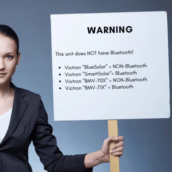 Warning graphic explaining that BlueSolar models lack Bluetooth unlike SmartSolar versions