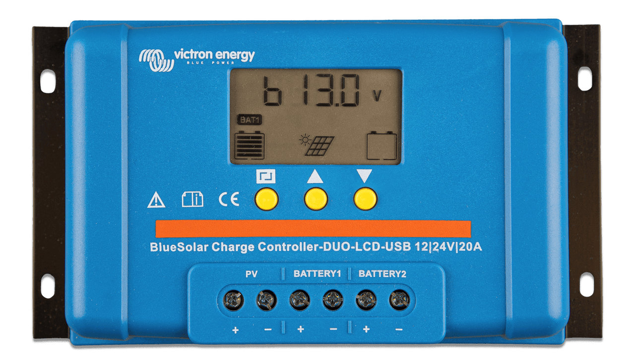 Front view of Victron BlueSolar PWM-DUO charge controller with LCD display and terminal ports