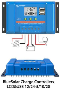 Front and perspective views of a blue Victron 20A solar charge controller with LCD and dual USB ports plus wiring diagram
