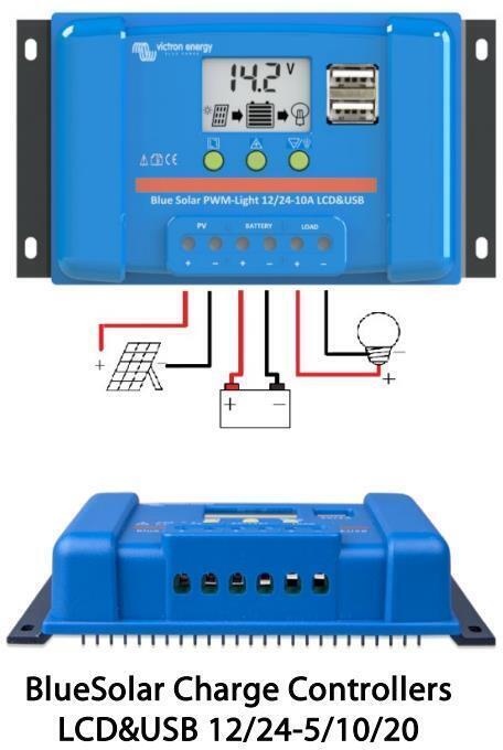 Front and perspective views of a blue Victron 5A solar charge controller with LCD and dual USB ports plus wiring diagram