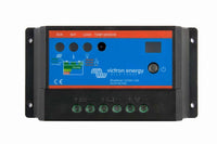 Front view of Victron 10A BlueSolar PWM-Light solar charge controller showing terminal ports, status indicators, and digital display
