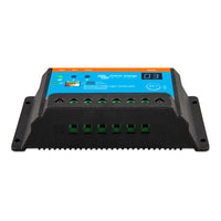 Victron Energy BlueSolar PWM Light 12/24V 20A solar panel controller, model SC20160209A, featuring a black metal casing, a bright blue front display panel with orange borders, and green terminal connectors at the bottom.