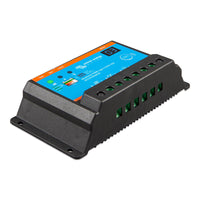 Victron Energy BlueSolar PWM Light 12/24V 20A solar panel controller, model SC20160209A, featuring a black metal casing, a bright blue front display panel with orange borders, and green terminal connectors at the bottom.