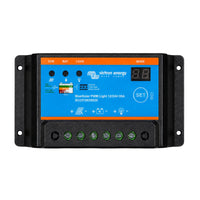 Victron Energy BlueSolar PWM Light 12/24V-30A solar controller panel with a black housing, orange and blue front faceplate, digital display, and terminal connectors.