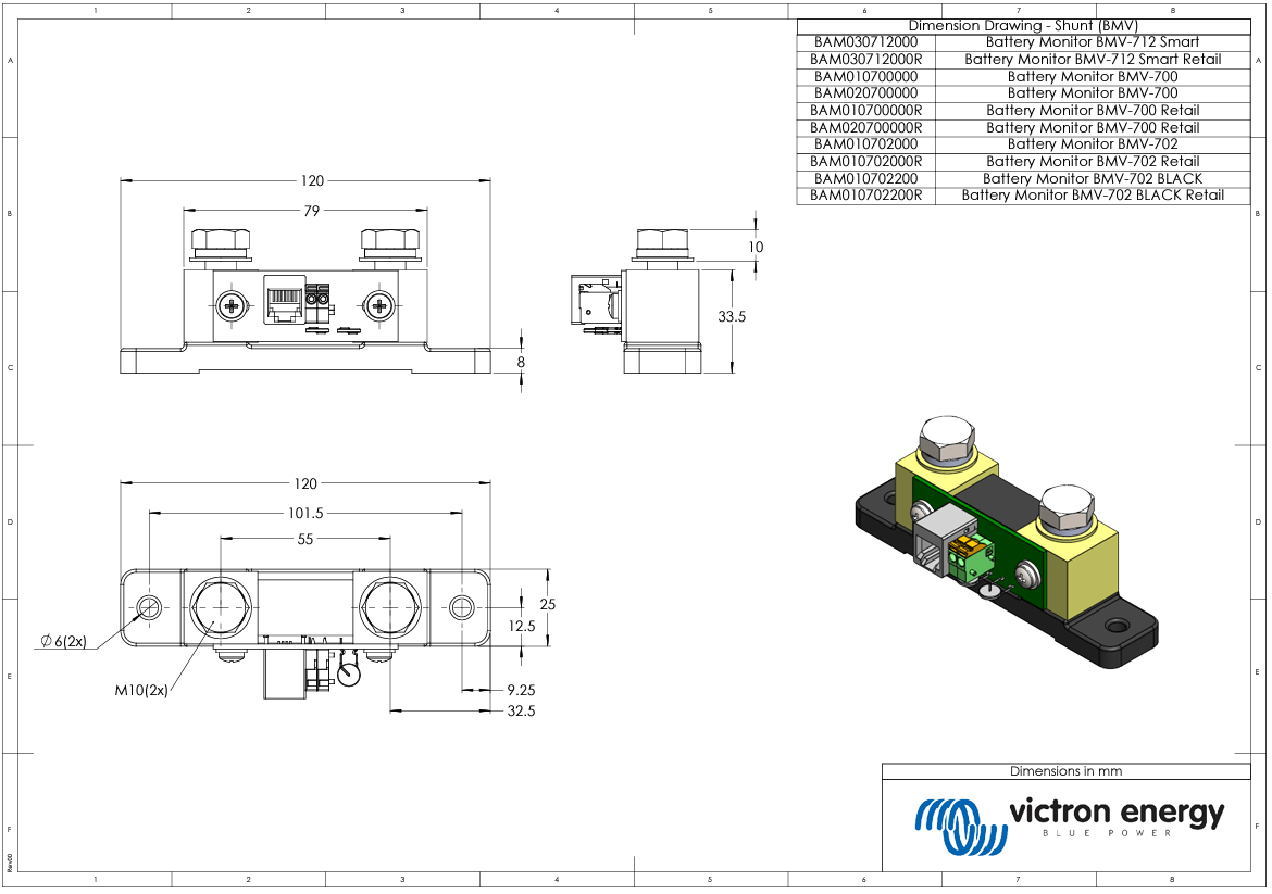 Technical dimensional drawing of the 500A 50mV shunt showing measurements in millimetres