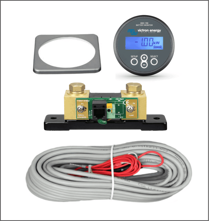 Victron BMV-702 battery monitor kit with round gauge, square bezel, shunt, and communication cables